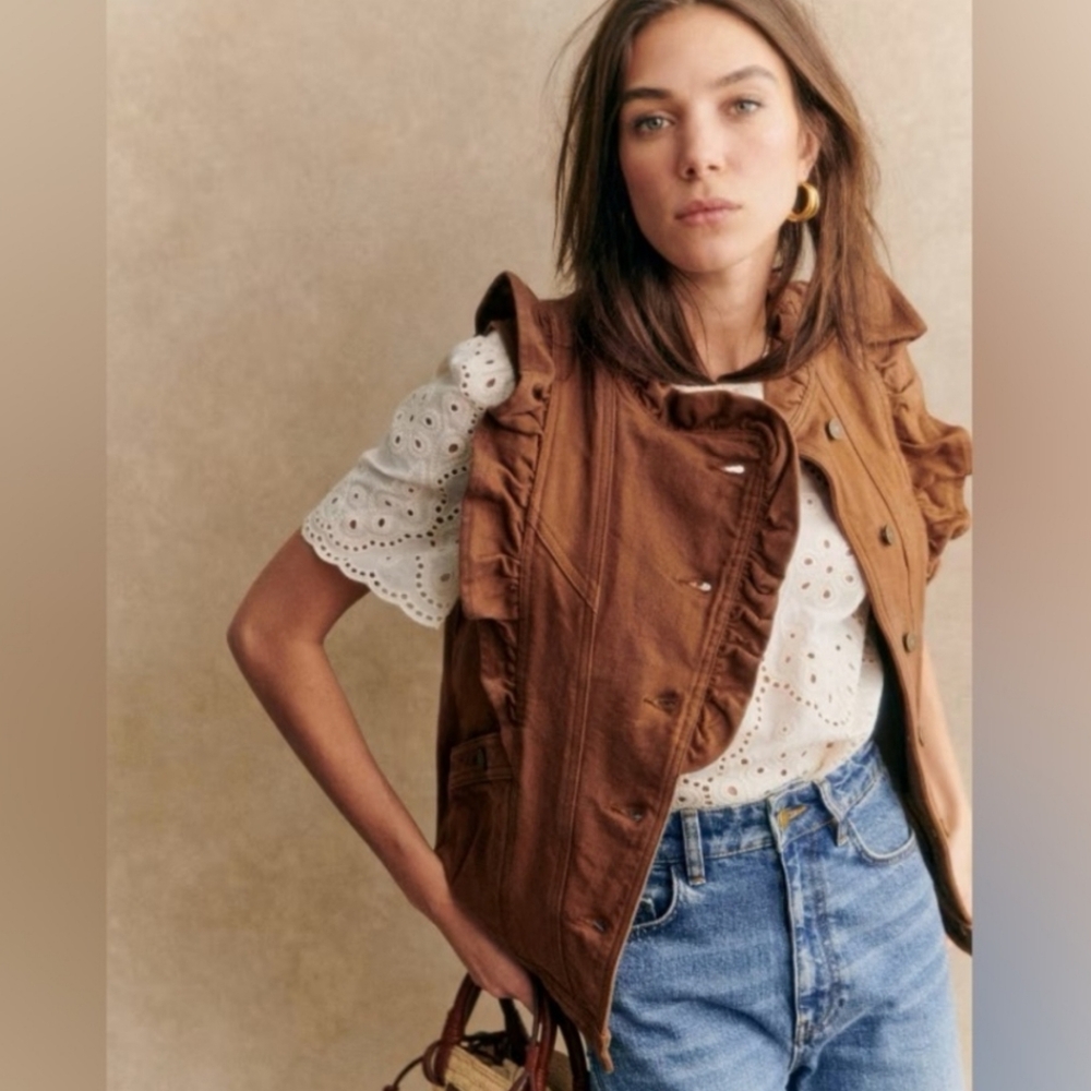Sezane Faye Coffee Denim Cotton Jacket Vest Sz XL